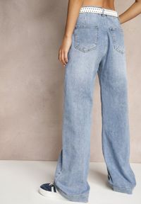 Renee - Niebieskie Szerokie Jeansy High Waist z Naszytymi Kieszeniami z Przodu Delaniel. Stan: podwyższony. Kolor: niebieski. Wzór: aplikacja. Styl: elegancki #4