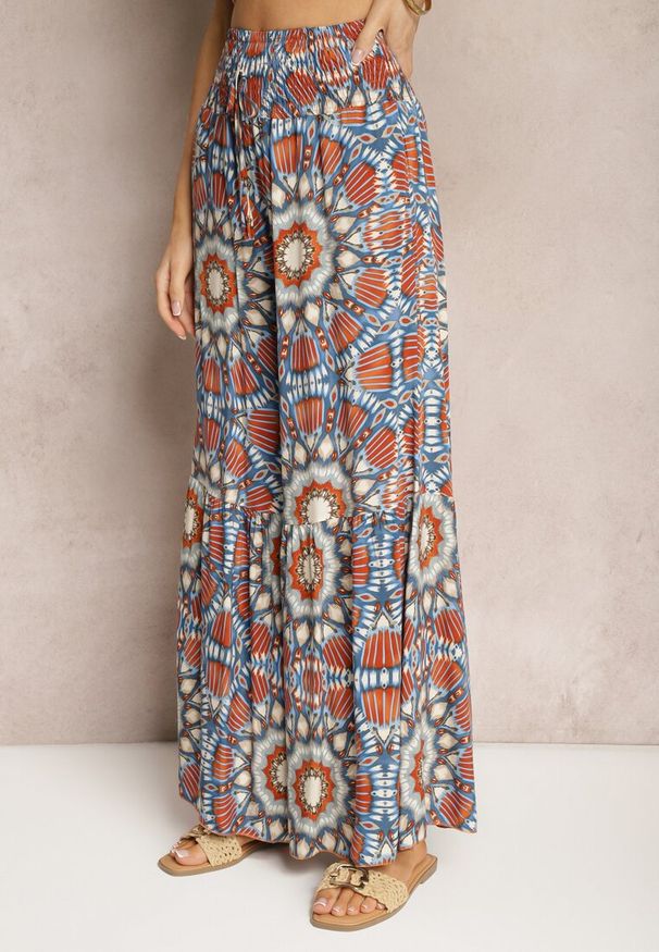 Renee - Niebiesko-Pomarańczowe Spodnie Typu Palazzo z Wiskozy High Waist z Gumką w Pasie Bistalia. Okazja: na co dzień. Stan: podwyższony. Kolor: niebieski. Materiał: wiskoza. Długość: długie. Styl: wizytowy, casual