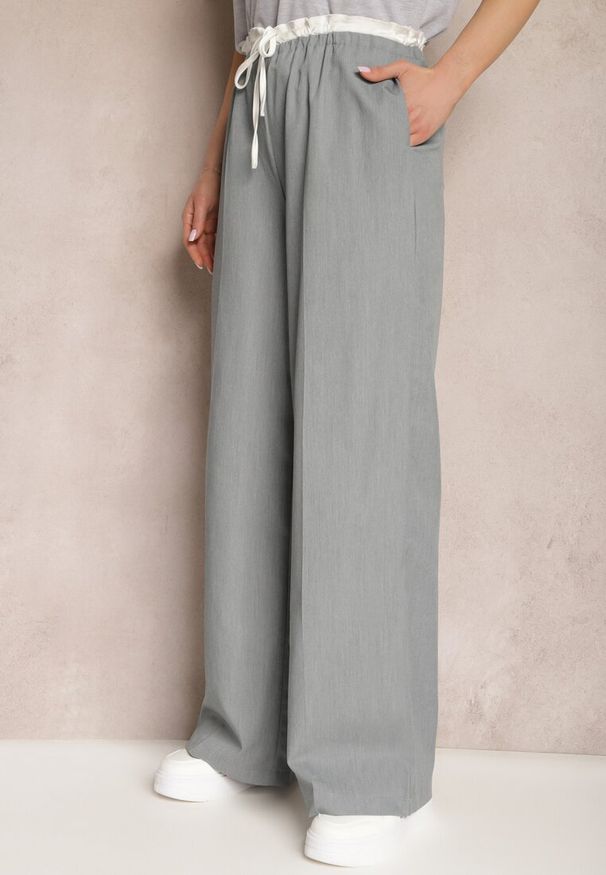 Renee - Szare Materiałowe Spodnie z Szerokimi Nogawkami High Waist z Gumką w Talii Comina. Okazja: na co dzień. Stan: podwyższony. Kolor: szary. Materiał: materiał. Styl: elegancki, casual