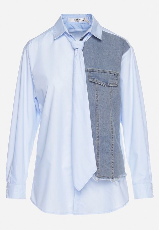 Born2be - Niebieska Koszula z Krawatem i Jeansową Wstawką Eirisema. Kolor: niebieski. Materiał: jeans