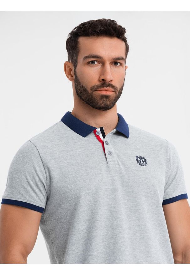 Ombre Clothing - Męska koszulka polo z kolorowymi akcentami – szary melanż V1 OM-POSS-0105 - XXL. Typ kołnierza: polo. Kolor: szary. Materiał: dzianina, bawełna. Wzór: melanż, kolorowy. Styl: klasyczny, sportowy, elegancki