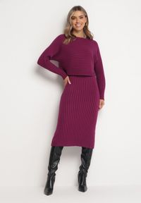 Born2be - Fioletowy 2-częściowy Komplet Dzianinowy Sweter i Sukienka Rialles. Kolor: fioletowy. Materiał: dzianina #1