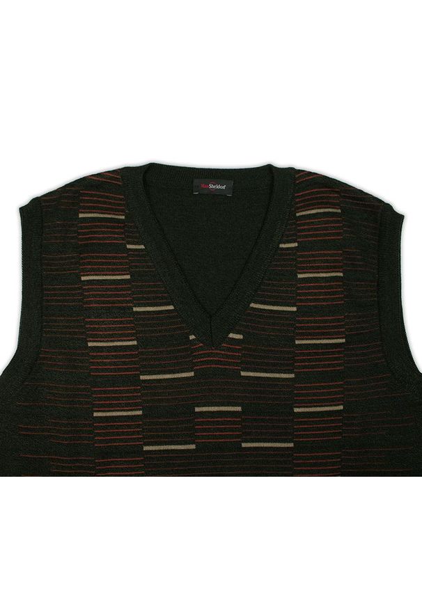 Max Sheldon - Kamizelka Ciemna Oliwkowa, Elegancka, Bezrękawnik, Dekolt w Serek (V-neck), Męska -MAX SHELDON. Okazja: na co dzień. Typ kołnierza: dekolt w serek. Kolor: oliwkowy. Materiał: akryl, bawełna. Długość rękawa: bez rękawów. Sezon: jesień, zima. Styl: elegancki