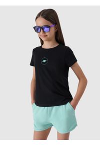 4F JUNIOR - T-shirt z bawełny organicznej gładki dziewczęcy - czarny. Okazja: na co dzień. Kolor: czarny. Materiał: bawełna. Wzór: gładki. Sezon: lato. Styl: casual, sportowy