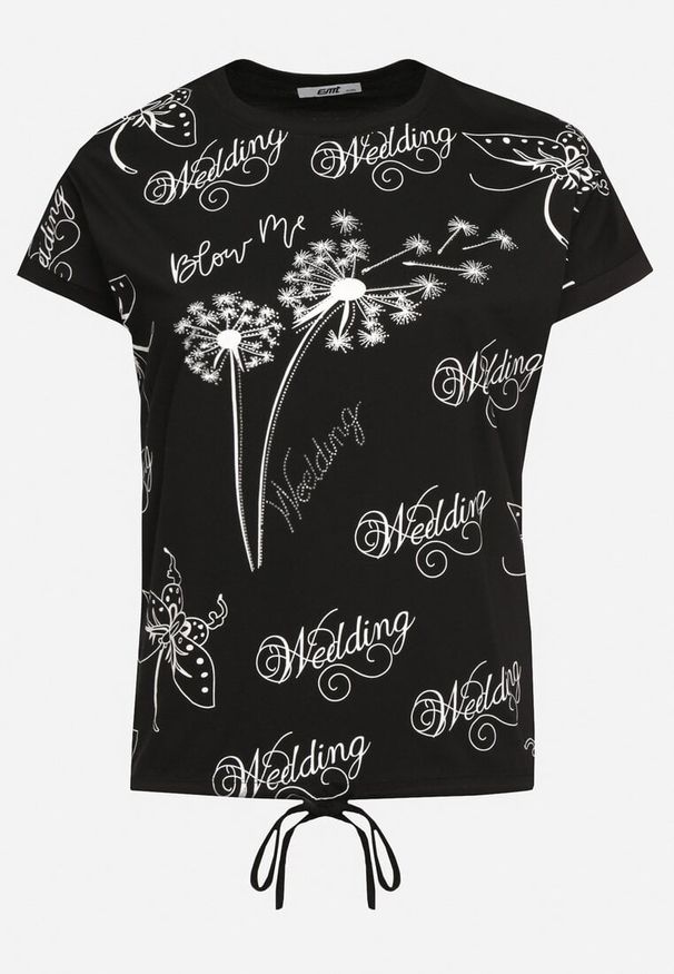 Born2be - Czarny Bawełniany T-shirt z Motywem Dmuchawców Cyrkoniami i Troczkiem Oliseana. Okazja: na co dzień. Kolor: czarny. Materiał: bawełna. Styl: casual