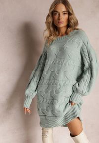 Renee - Zielony Długi Sweter Oversize z Wypukłym Splotem All Over Somet. Kolor: zielony. Długość: długie. Wzór: ze splotem. Sezon: jesień, zima #5