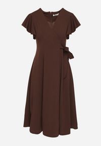 Born2be - Brązowa Rozkloszowana Sukienka Kopertowa z Wiązaniem w Talii Dannila. Kolor: brązowy. Wzór: aplikacja. Typ sukienki: kopertowe #3