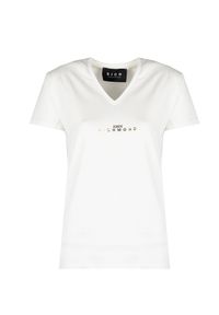 John Richmond T-shirt | HWP25045TS | Kobieta | Biały. Okazja: na co dzień. Typ kołnierza: dekolt w serek. Kolor: biały. Materiał: bawełna, elastan. Wzór: nadruk. Styl: elegancki, casual
