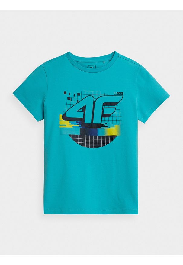 4f - T-shirt z nadrukiem chłopięcy. Kolor: turkusowy. Materiał: materiał, bawełna, dzianina. Wzór: nadruk