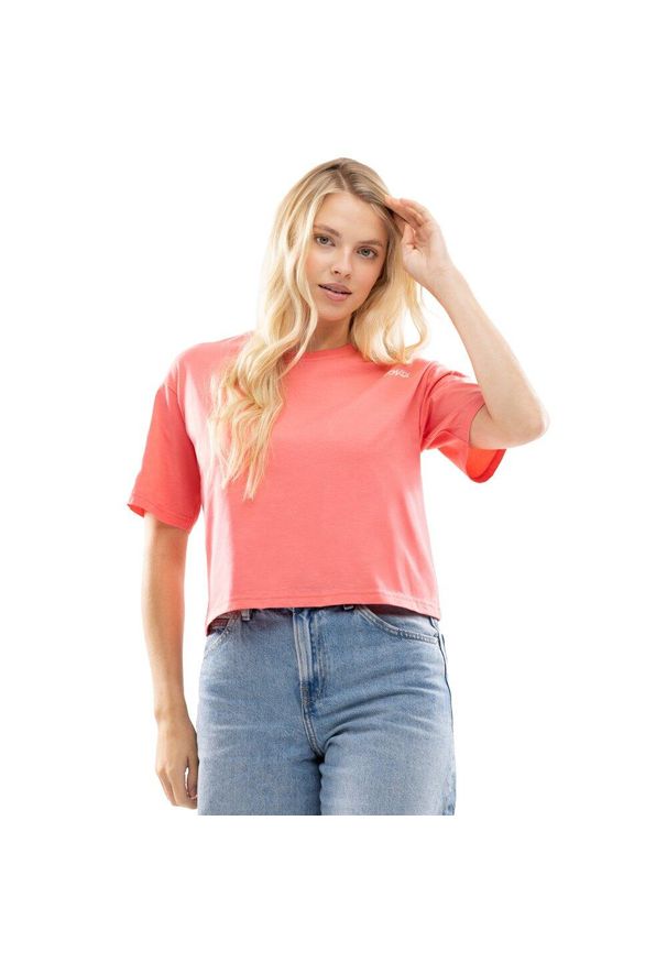 SIROKO - Damski luźny crop top Lifestyle Siroko IBZ Eivissa Coral. Kolor: różowy, wielokolorowy, pomarańczowy. Materiał: bawełna, tkanina. Długość rękawa: krótki rękaw. Długość: krótkie