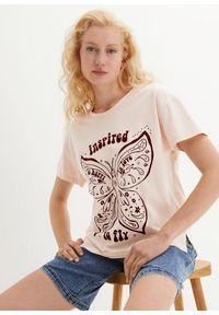 bonprix - T-shirt bawełniany z nadrukiem z przodu, z bawełny organicznej. Kolor: beżowy. Materiał: bawełna. Wzór: nadruk