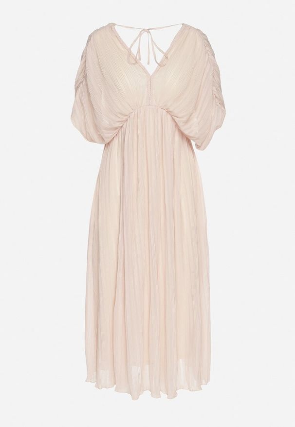 Born2be - Beżowa Sukienka Rozkloszowana z Wiązaniem na Szyi o Luźnym Kroju Napila. Okazja: na co dzień. Typ kołnierza: dekolt w kształcie V. Kolor: beżowy. Styl: casual, klasyczny, elegancki