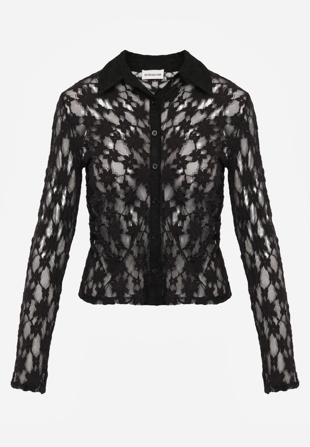 Born2be - Czarna Koszula Ozdobiona Koronką Lanelv. Okazja: na co dzień. Kolor: czarny. Materiał: koronka. Wzór: aplikacja, koronka. Styl: casual, klasyczny