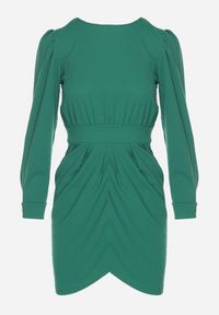 Born2be - Zielona Sukienka z Marszczeniem i Bufiastymi Rękawami Redenia. Kolor: zielony. Styl: klasyczny, elegancki #2