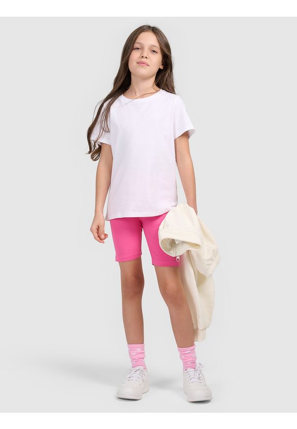 4f - 4F T-shirt gładki dziewczęcy - biały 122 (6-7 lat). Okazja: na co dzień. Kolor: biały. Materiał: jersey, dzianina, bawełna. Długość rękawa: krótki rękaw. Długość: krótkie. Wzór: gładki. Sezon: lato. Styl: casual, sportowy, klasyczny