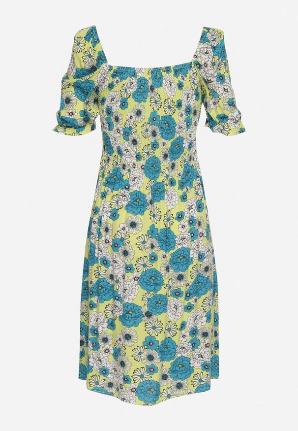 Born2be - Zielono-Niebieska Wiskozowa Sukienka Midi z Gumkami Przy Dekolcie i Wzorem w Kwiaty Alonvaria. Okazja: na spacer, na imprezę. Kolor: zielony. Materiał: wiskoza. Wzór: kwiaty. Sezon: wiosna, lato. Długość: midi