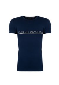 Emporio Armani T-shirt C-neck | 1110353F729 | Mężczyzna | Niebieski. Okazja: na co dzień. Kolor: niebieski. Materiał: bawełna, elastan. Wzór: napisy. Styl: casual, klasyczny