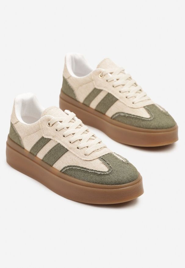 Born2be - Zielono-Beżowe Sneakersy na Kauczukowej Podeszwie Ardislo. Okazja: na co dzień. Kolor: zielony. Materiał: kauczuk
