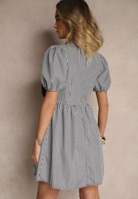 Renee - Czarna Retro Sukienka w Kratkę Vichy o Rozkloszowanym Kroju z Wiązaniem Temarea. Okazja: na co dzień. Kolor: czarny. Materiał: jeans. Wzór: kratka. Typ sukienki: rozkloszowane. Styl: retro