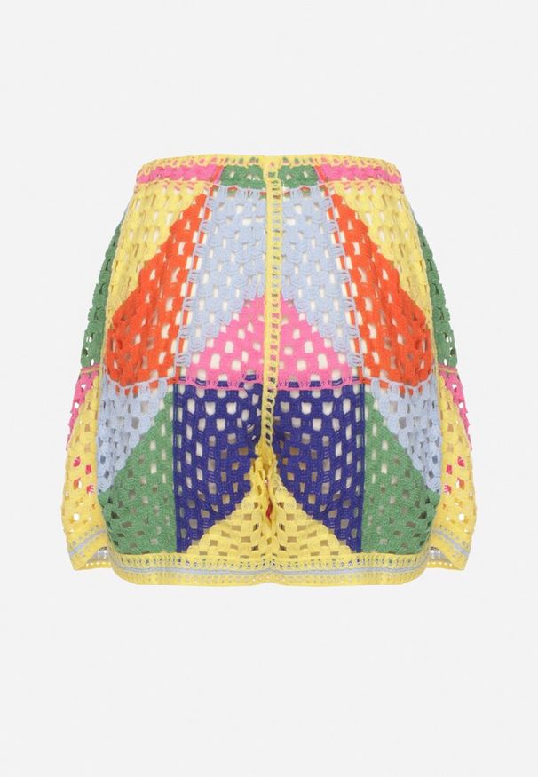 Born2be - Różowo-Żółte Szorty z Bawełną w Geometryczny Ażurowy Wzór Tilenea. Okazja: na co dzień. Kolor: żółty. Materiał: bawełna. Wzór: geometria, ażurowy. Sezon: lato. Styl: klasyczny, casual, elegancki