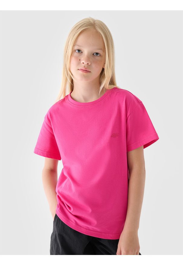4f - 4F T-shirt gładki dziewczęcy - różowy 122 (6-7 lat). Okazja: na co dzień. Kolor: różowy. Materiał: dzianina, bawełna, jersey. Długość rękawa: krótki rękaw. Długość: krótkie. Wzór: gładki. Sezon: lato. Styl: klasyczny, sportowy, casual