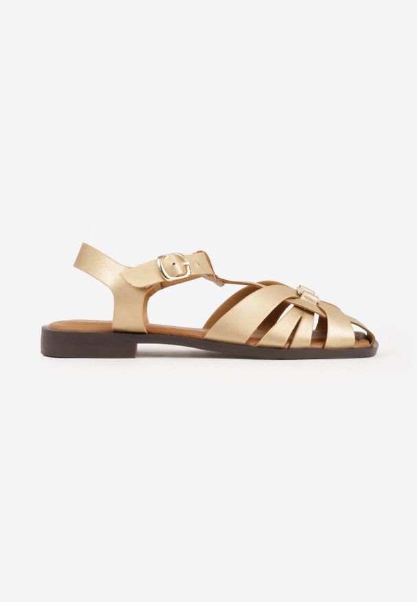 Born2be - Złote Sandały VICES z Przeplatanymi Paskami i Elegancką Aplikacją Peticea. Okazja: na co dzień. Zapięcie: pasek. Kolor: złoty. Materiał: jeans. Wzór: aplikacja. Sezon: lato. Styl: elegancki