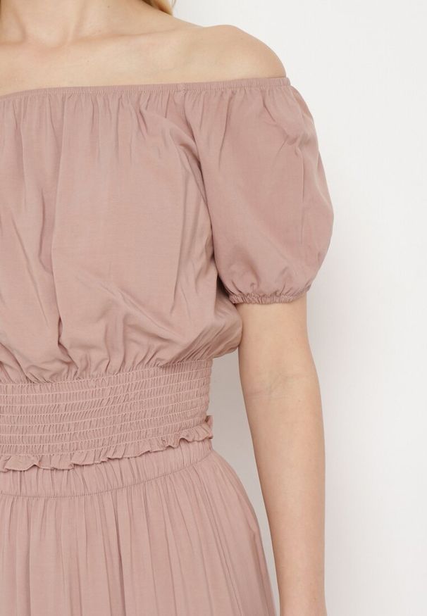 Born2be - Ciemnobeżowy Komplet na Lato z Wiskozy Bluzka Hiszpanka i Rozkloszowana Spódnica Svaine. Kolor: beżowy. Materiał: wiskoza