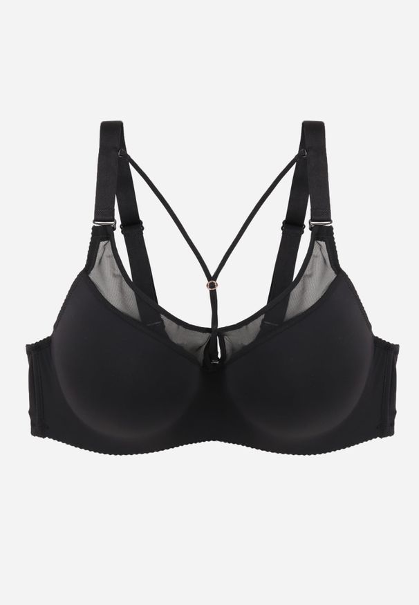 Renee - Czarny Biustonosz z Siateczkową Wstawką i Ozdobnymi Paskami przy Dekolcie Sabesa. Kolor: czarny. Materiał: jeans. Wzór: paski