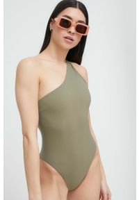 Calvin Klein jednoczęściowy strój kąpielowy kolor zielony miękka miseczka. Kolor: zielony. Materiał: włókno, dzianina, materiał. Wzór: gładki #1