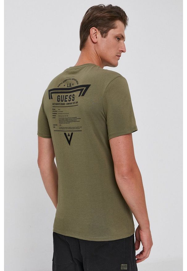 Guess - T-shirt bawełniany. Okazja: na co dzień. Kolor: zielony. Materiał: bawełna. Wzór: nadruk. Styl: casual