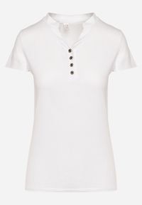 Born2be - Biały T-shirt Koszulka z Bawełny z Metalicznymi Guzikami Cariena. Okazja: na co dzień. Typ kołnierza: dekolt w kształcie V. Kolor: biały. Materiał: bawełna. Styl: casual #2