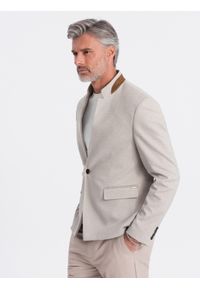 Ombre Clothing - Melanżowa męska marynarka z dodatkiem rayonu ze stójką – beżowy melanż V3. Okazja: na co dzień. Typ kołnierza: kołnierzyk stójkowy. Kolor: beżowy. Materiał: tkanina, skóra, zamsz, poliester, materiał. Wzór: melanż. Styl: klasyczny, casual #3