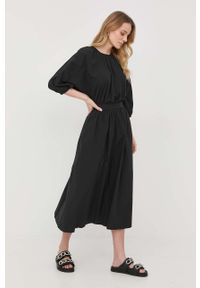 TwinSet - Twinset sukienka bawełniana kolor czarny maxi rozkloszowana. Kolor: czarny. Materiał: bawełna. Długość rękawa: krótki rękaw. Długość: maxi #2