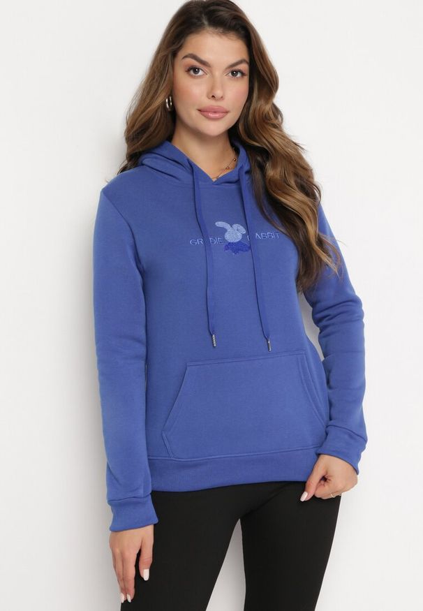 Born2be - Niebieska Ocieplona Bluza Kangurka z Kapturem i Pluszową Naszywką Dysineia. Typ kołnierza: kaptur. Kolor: niebieski. Materiał: polar. Wzór: aplikacja