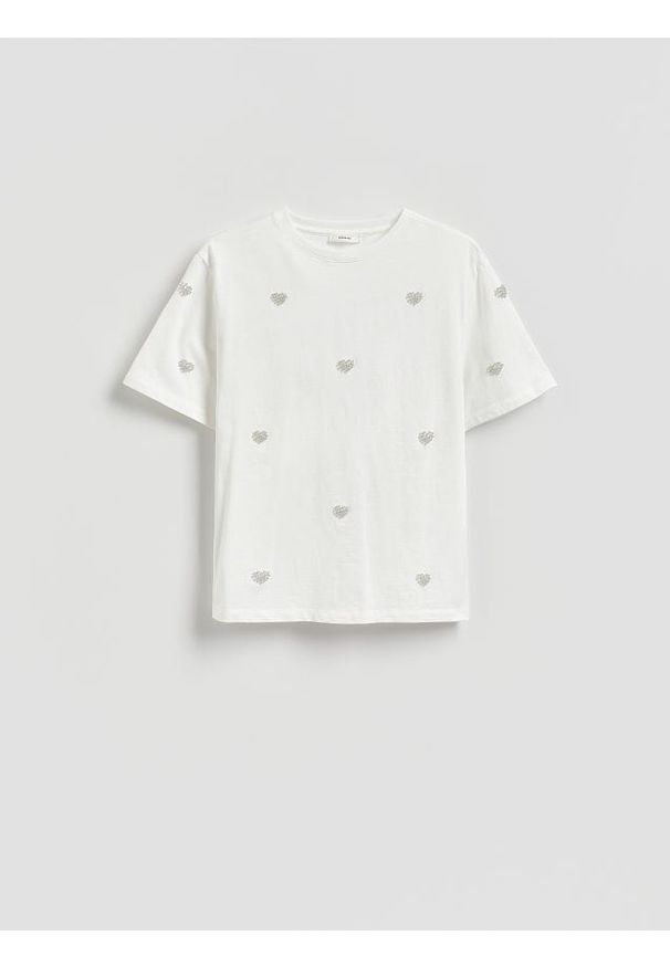 Reserved - T-shirt z aplikacją - biały. Kolor: biały. Materiał: dzianina, bawełna. Wzór: aplikacja