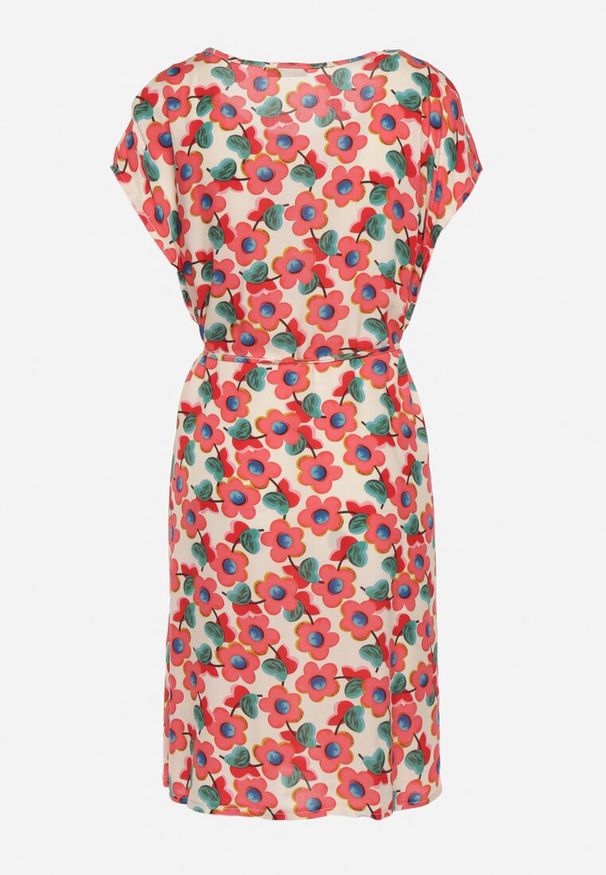 Born2be - Beżowo-Czerwona Pudełkowa Sukienka z Wiskozy Wiązana Sznurkiem w Talii Tiamadine. Okazja: na co dzień, na randkę, na spotkanie biznesowe. Kolor: beżowy. Materiał: wiskoza. Długość rękawa: krótki rękaw. Wzór: kwiaty. Styl: biznesowy, casual, klasyczny