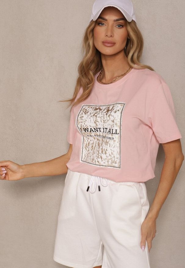 Renee - Różowy T-shirt z Bawełny z Nadrukiem Tellanis. Okazja: na co dzień. Kolor: różowy. Materiał: bawełna. Wzór: nadruk. Styl: sportowy, klasyczny, elegancki, casual
