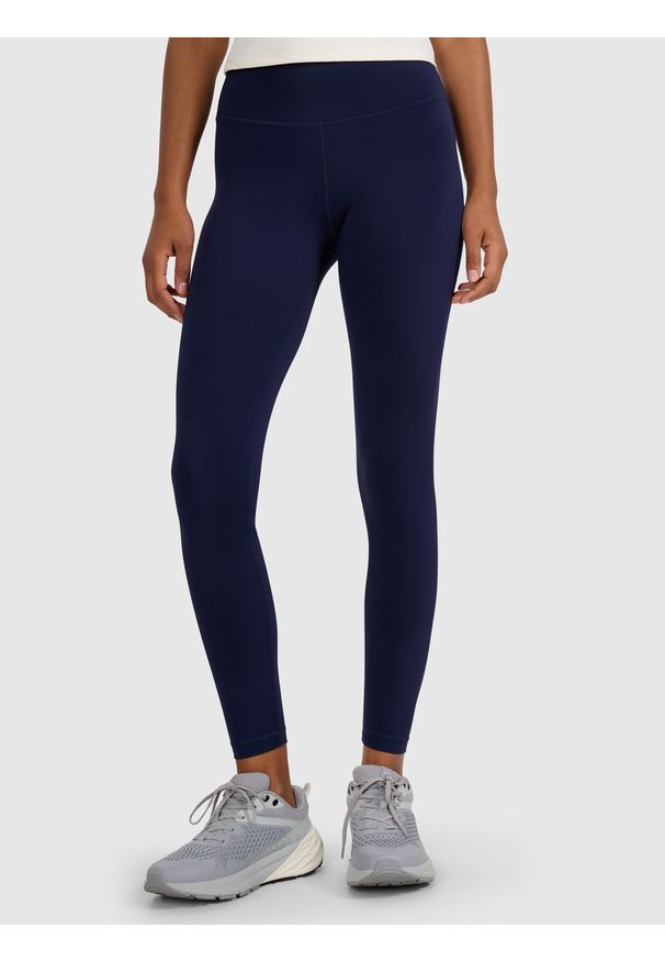 4f - 4F Legginsy treningowe szybkoschnące damskie - granatowe L. Stan: podwyższony. Kolor: niebieski. Materiał: włókno, elastan, dzianina, materiał, syntetyk. Wzór: gładki, ze splotem. Sport: fitness