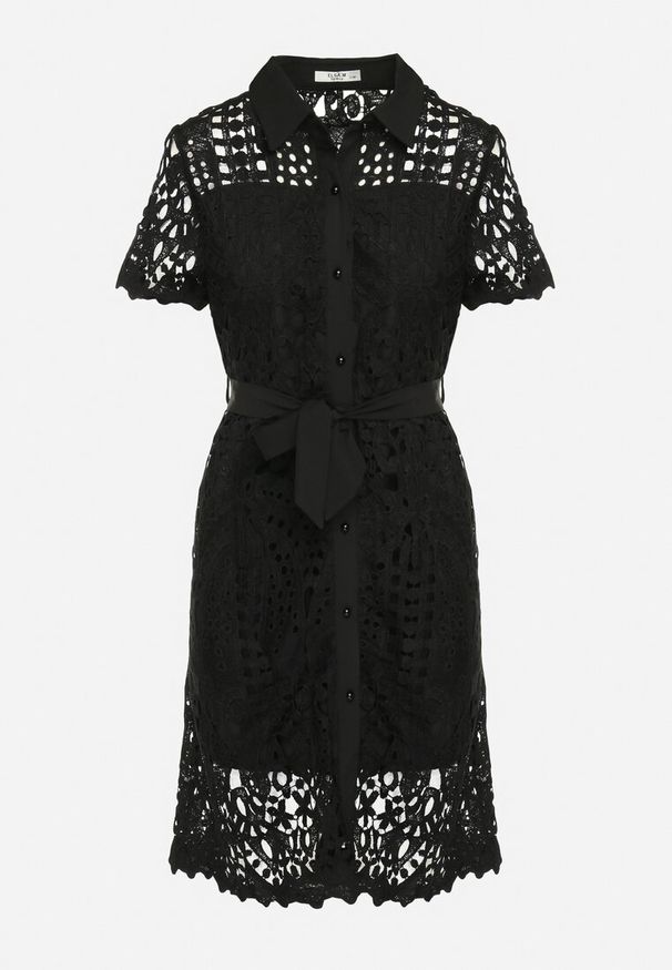 Born2be - Czarna Ażurowa Sukienka Koszulowa Midi z Wiązanym Paskiem Pamy. Kolor: czarny. Materiał: materiał, koronka. Długość rękawa: krótki rękaw. Wzór: ażurowy. Typ sukienki: koszulowe. Styl: klasyczny. Długość: midi