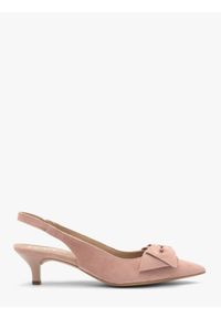 Ryłko - Różowe czółenka damskie bez pięty slingback z kokardą SARAH. Zapięcie: bez zapięcia. Kolor: różowy. Materiał: welur. Obcas: na obcasie. Styl: street. Wysokość obcasa: średni