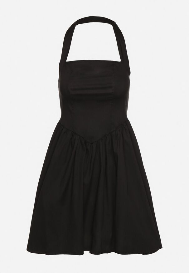 Born2be - Czarna Bawełniana Sukienka Rozkloszowana na Szyję Kolaniela. Okazja: na co dzień. Kolor: czarny. Materiał: bawełna. Sezon: wiosna. Typ sukienki: proste. Styl: elegancki, casual