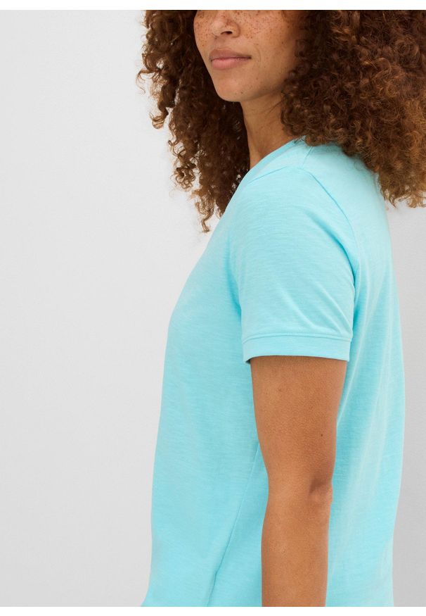 bonprix - T-shirt z czystej bawełny. Typ kołnierza: dekolt w serek. Kolor: niebieski. Materiał: bawełna. Długość rękawa: krótki rękaw. Długość: krótkie