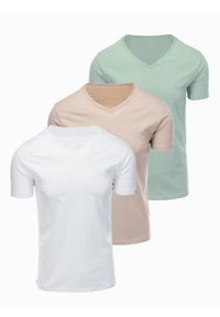 Ombre Clothing - Zestaw bawełnianych koszulek męskich V-neck BASIC – szarozielony/biały/beżowy V14 - Rozmiar: S. Okazja: na co dzień, do pracy. Typ kołnierza: dekolt w serek. Kolor: szary. Materiał: bawełna. Długość: długie. Wzór: jednolity, gładki. Styl: casual #1