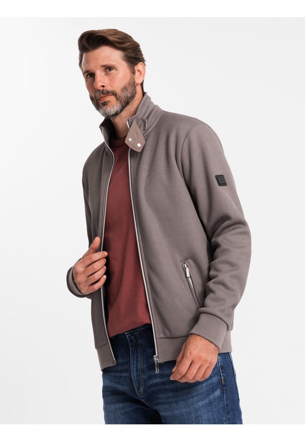 Ombre Clothing - Kurtka męska z wysokim kołnierzem i polarowym wnętrzem – popielata V2 OM-JANP-0154 - XXL. Kolor: szary. Materiał: polar. Wzór: aplikacja. Styl: elegancki
