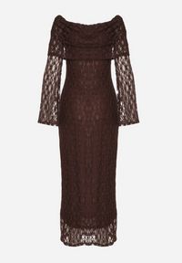 Born2be - Brązowa Koktajlowa Sukienka z Odkrytymi Ramionami z Koronki Eperrie. Kolor: brązowy. Materiał: koronka. Wzór: koronka. Typ sukienki: z odkrytymi ramionami. Styl: wizytowy. Długość: midi #3