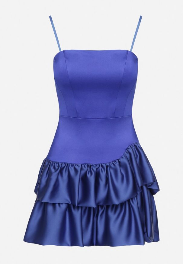 Born2be - Niebieska Sukienka na Ramiączkach o Rozkloszowanym Kroju z Falbanami Seladra. Kolor: niebieski. Długość rękawa: na ramiączkach. Typ sukienki: rozkloszowane. Styl: elegancki