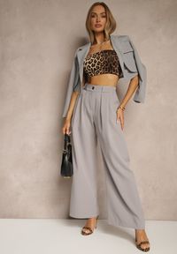 Renee - Szare Szerokie Spodnie High Waist o Garniturowym Kroju z Zakładkami Uliadorea. Okazja: na co dzień. Stan: podwyższony. Kolor: szary. Styl: klasyczny, elegancki, casual