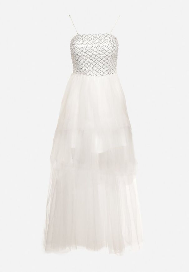 Born2be - Biała Sukienka Maxi z Tiulowymi Falbanami i Ozdobnymi Cekinami Joliette. Kolor: biały. Materiał: tiul. Długość rękawa: na ramiączkach. Wzór: aplikacja. Długość: maxi