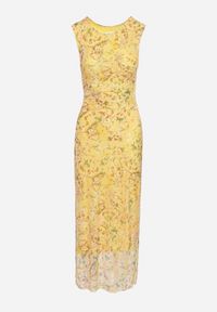 Born2be - Żółta Koktajlowa Taliowana Sukienka w Kwiaty z Wiskozową Podszewką Lidra. Okazja: na wesele, na co dzień, na ślub cywilny, na imprezę. Kolor: żółty. Materiał: wiskoza. Wzór: kwiaty. Styl: wizytowy #7