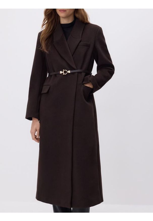 Reserved - Płaszcz z wełną - ciemnobrązowy. Kolor: brązowy. Materiał: wełna